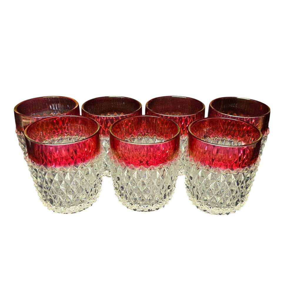 Indiana Diamond Point Crystal Ruby Flash 8 Oz Rock Tumblers Vintage Water Glass